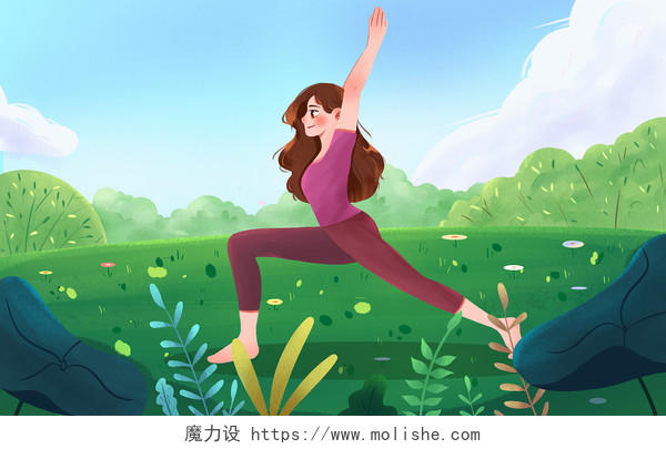 卡通手绘少女室外瑜伽健身人物素材